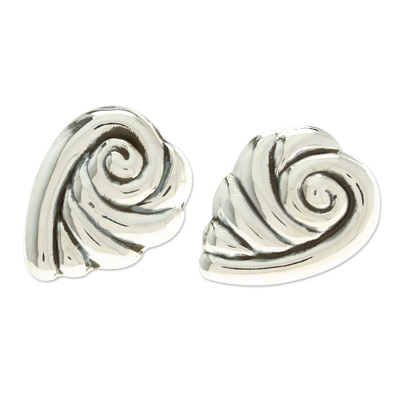 Sterling silver button earrings, 'Voices from the Sea' - Taxco Silver Seashell Button Earrings from Mexico