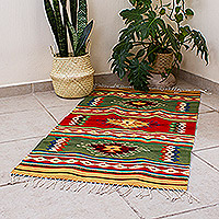 Zapotec wool rug, 'Forest Sun' (2.5x5)