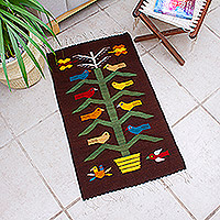 Zapotec wool rug, 'Milpa at Night' (2x3.5) - Zapotec Bird Rug (2x3.5)