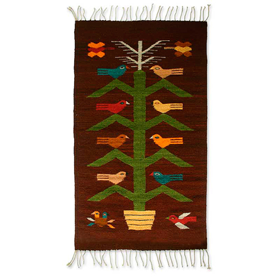 Zapotec wool rug, 'Milpa at Night' (2x3.5) - Zapotec Bird Rug (2x3.5)