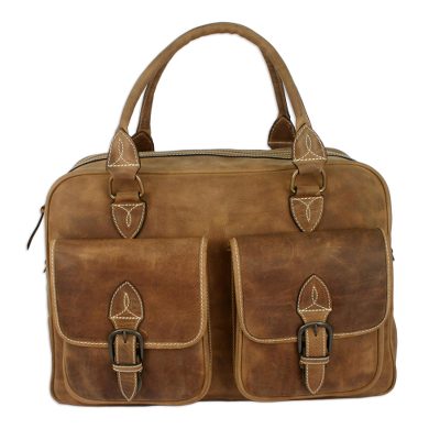 Leather travel bag, 'World Traveler' - Antiqued Leather Travel Bag from Mexico