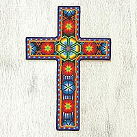 Beadwork cross, 'Huichol Vision' - Handcrafted Floral Cross from Mexico