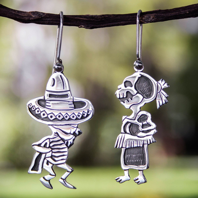 Sterling silver dangle earrings, 'Skeletal Hat Dance' - Fair Trade Taxco Silver Day of the Dead Earrings