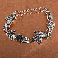 Sterling silver link bracelet, 'Skeletal Hat Dance' - Mexican Day of the Dead Sterling Silver Link Bracelet