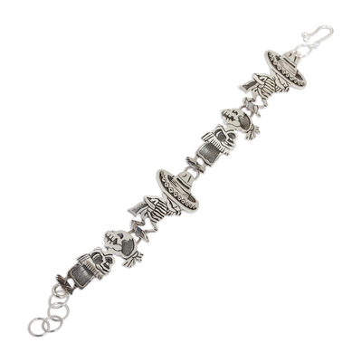 Sterling silver link bracelet, 'Skeletal Hat Dance' - Mexican Day of the Dead Sterling Silver Link Bracelet