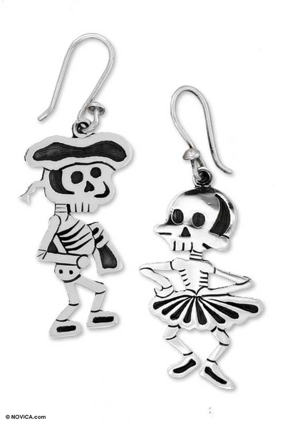 Sterling silver dangle earrings, 'Skeletal Matador Dance' - Taxco Silver Skeleton Earrings