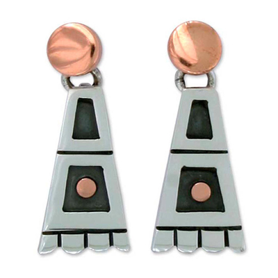 Sterling silver dangle earrings, 'Aztec Domino' - Collectible Taxco Silver Copper Dangle Earrings from Mexico