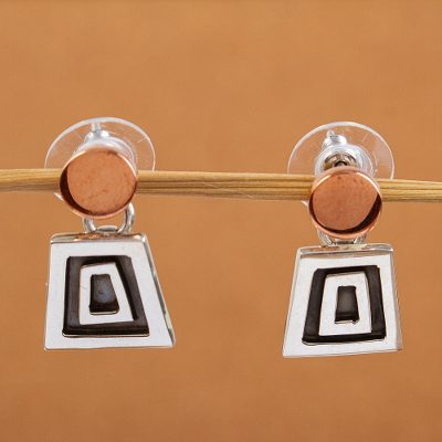 Sterling silver dangle earrings, 'Mystic Frieze' - Unique Taxco Silver and Copper Aztec Design Earrings