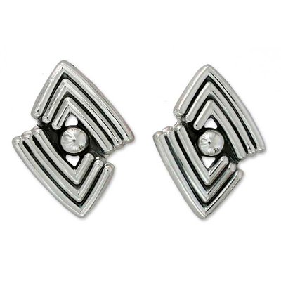 Sterling silver button earrings, 'Aztec Victory' - Handcrafted Taxco Silver Button Earrings
