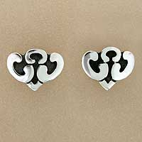 Sterling silver button earrings, 'Dreaming Hearts' - Mexican Taxco Sterling Silver Button Earrings