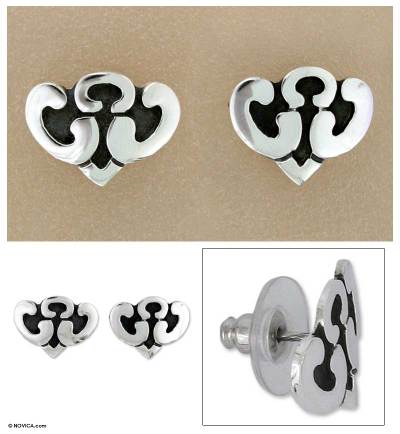 Sterling silver button earrings, 'Dreaming Hearts' - Mexican Taxco Sterling Silver Button Earrings