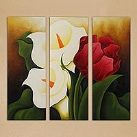 „Calla-Lilien und Tulpe“ (Triptychon) – Öl-Triptychon-Set mit 3 Blumengemälden aus Mexiko