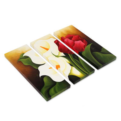 'Calla Lilies and Tulip' (triptych) - Oil Triptych Set of 3 Flower Paintings from Mexico
