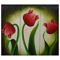 'Red Tulips' (triptych) - Three Paintings of Realistic Red Tulips Set