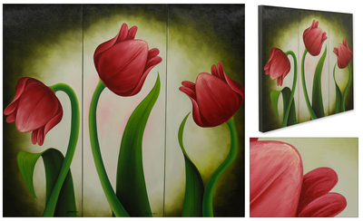 (Triptychon) - Drei Gemälde realistischer roter Tulpen