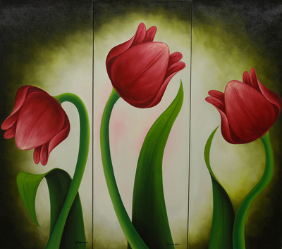(Triptychon) - Drei Gemälde realistischer roter Tulpen
