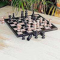 Marble chess set, 'Glorious Battle' (large) - Black and Rose Marble Chess Set