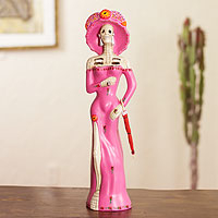Ceramic sculpture, 'Rose Catrina' - Unique Day of the Dead Pink Ceramic Folk Art Sculpture