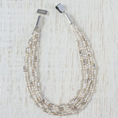Pearl waterfall necklace, 'Silver Rainfall' - Pearl waterfall necklace