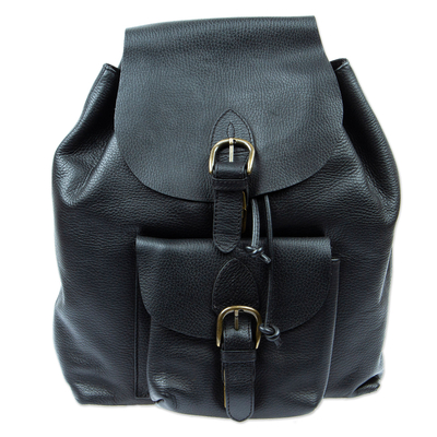 Leather backpack, 'Liquorice' - Black Leather Back Pack from Mexico