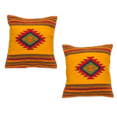 Zapotec wool cushion covers, 'Morning Star' (pair) - Unique Mexican Geometric Wool Cushion Covers (Pair)