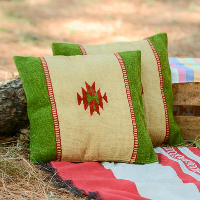 Zapotec wool cushion covers, 'Sierra' (pair) - Handwoven Wool Green and Beige Cushion Covers (Pair)