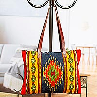 Zapotec wool tote bag, 'Sun of Hope' - Handcrafted Wool Leather Accent Tote from Mexico