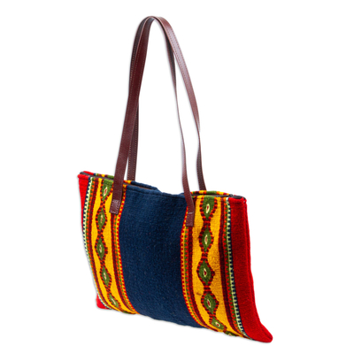 Zapotec wool tote bag, 'Sun of Hope' - Handcrafted Wool Leather Accent Tote from Mexico