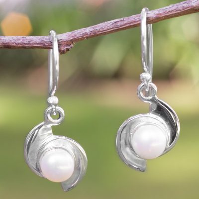 Pearl dangle earrings, 'Taxco Pinwheels' - Fair Trade Modern Fine Silver and Pearl Dangle Earrings