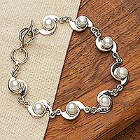 Pearl link bracelet, 'Taxco Pinwheels' - Pearl Link Bracelet with Mexico Sterling Silver 925