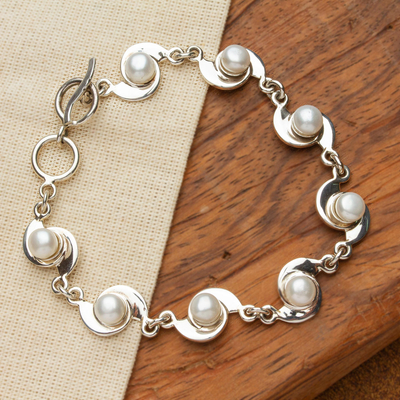 Pearl link bracelet, 'Taxco Pinwheels' - Pearl Link Bracelet with Mexico Sterling Silver 925