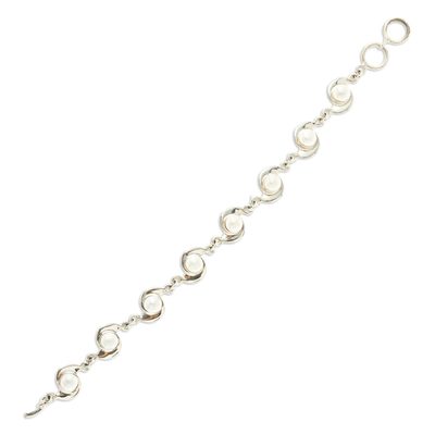 Pearl link bracelet, 'Taxco Pinwheels' - Pearl Link Bracelet with Mexico Sterling Silver 925