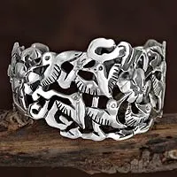 Silver cuff bracelet, 'Hummingbird Mystique' - Hand Made Fine Silver Bird Cuff Bracelet