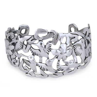 Silver cuff bracelet, 'Hummingbird Mystique' - Hand Made Fine Silver Bird Cuff Bracelet
