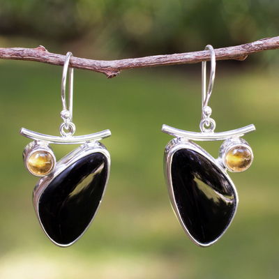 Obsidian and citrine dangle earrings, 'Dewdrop' - Obsidian and citrine dangle earrings
