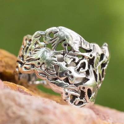 Silver band ring, 'Hummingbird Mystique' - Hand Made Taxco Fine Silver Bird Ring