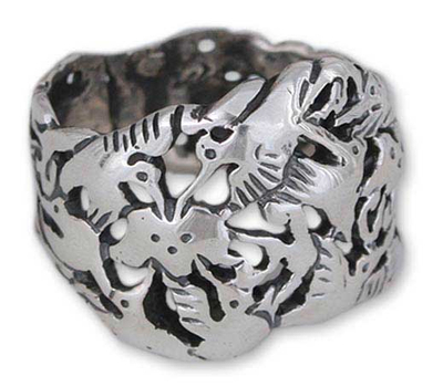 anillo de banda de plata - Anillo de pájaro de plata fina de taxco hecho a mano.