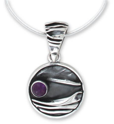 Amethyst pendant necklace, 'Taxco Dusk' - Amethyst Modern Fine Silver Pendant Necklace