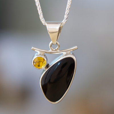 Obsidian and citrine pendant necklace, 'Dewdrop' - Artisan Crafted Taxco Silver Obsidian and Citrine Necklace