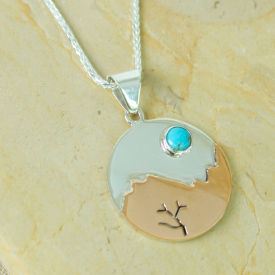 Turquoise pendant necklace, 'Taxco at Dusk' - Collectible Turquoise and Taxco Fine Silver Pendant Necklace