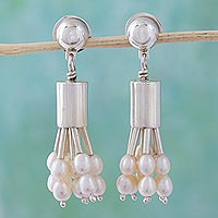 Pearl waterfall earrings, 'Silver Rainfall'