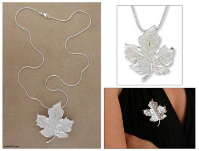 Sterling silver brooch pin pendant necklace, 'Maple Leaf' - Unique Taxco Silver Pendant Necklace