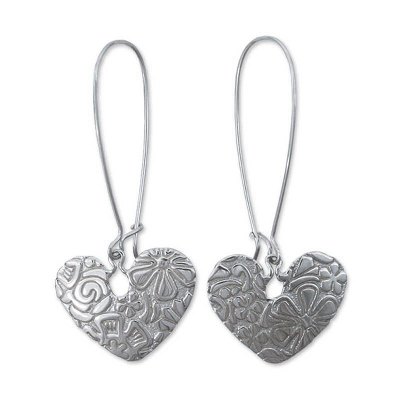 Sterling silver dangle earrings, 'Flowers and Hearts' - Romantic Sterling Silver Dangle Earrings from Mexico