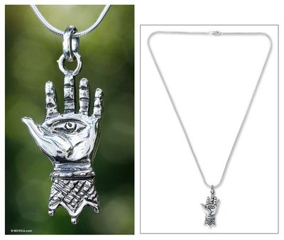 Sterling silver pendant necklace, Hand of Hamsa
