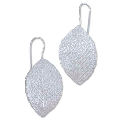 Sterling silver drop earrings, 'Sweet Acacia' - Hand Made Taxco Sterling Silver Leaf Earrings