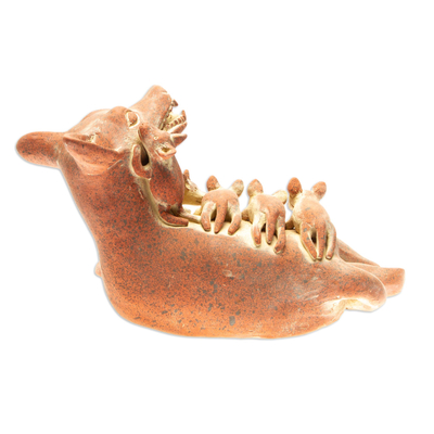 Ceramic figurine, 'Colima Dog with Puppies' - Prehispanic Style Handmade Sculpture Mexico