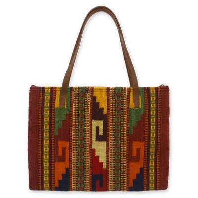 Wool and leather handbag, 'Zapotec Splendor' - Wool and leather handbag