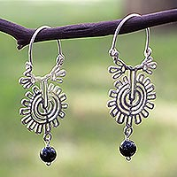 Onyx hoop earrings, 'Xico Flower' - Hand Made Mexican Silver and Onyx Floral Earrings