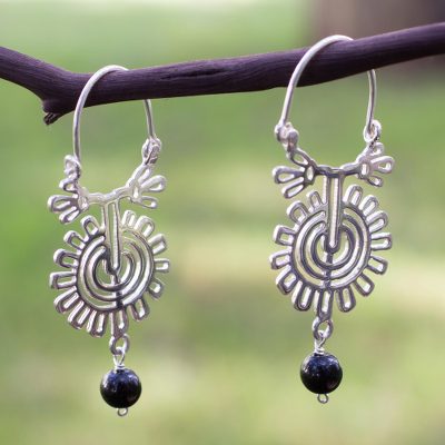 Hand Made Mexican Silver And Onyx Fl Earrings Xico Flower
