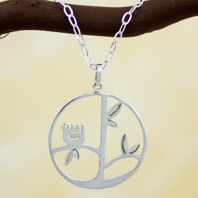 Sterling silver pendant necklace, 'Circle of Life' - Handcrafted Sterling Silver Pendant Bird Necklace